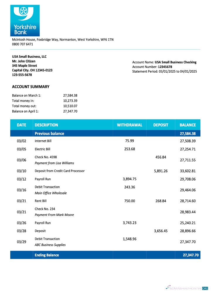 Download United Kingdom Yorkshire firm account statement Word and PDF template Photoshop template